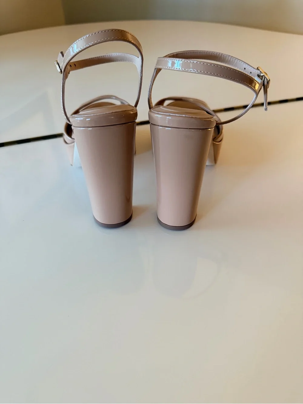 Inez Patent Nude Platform Slingback Heels with Ankle Strap